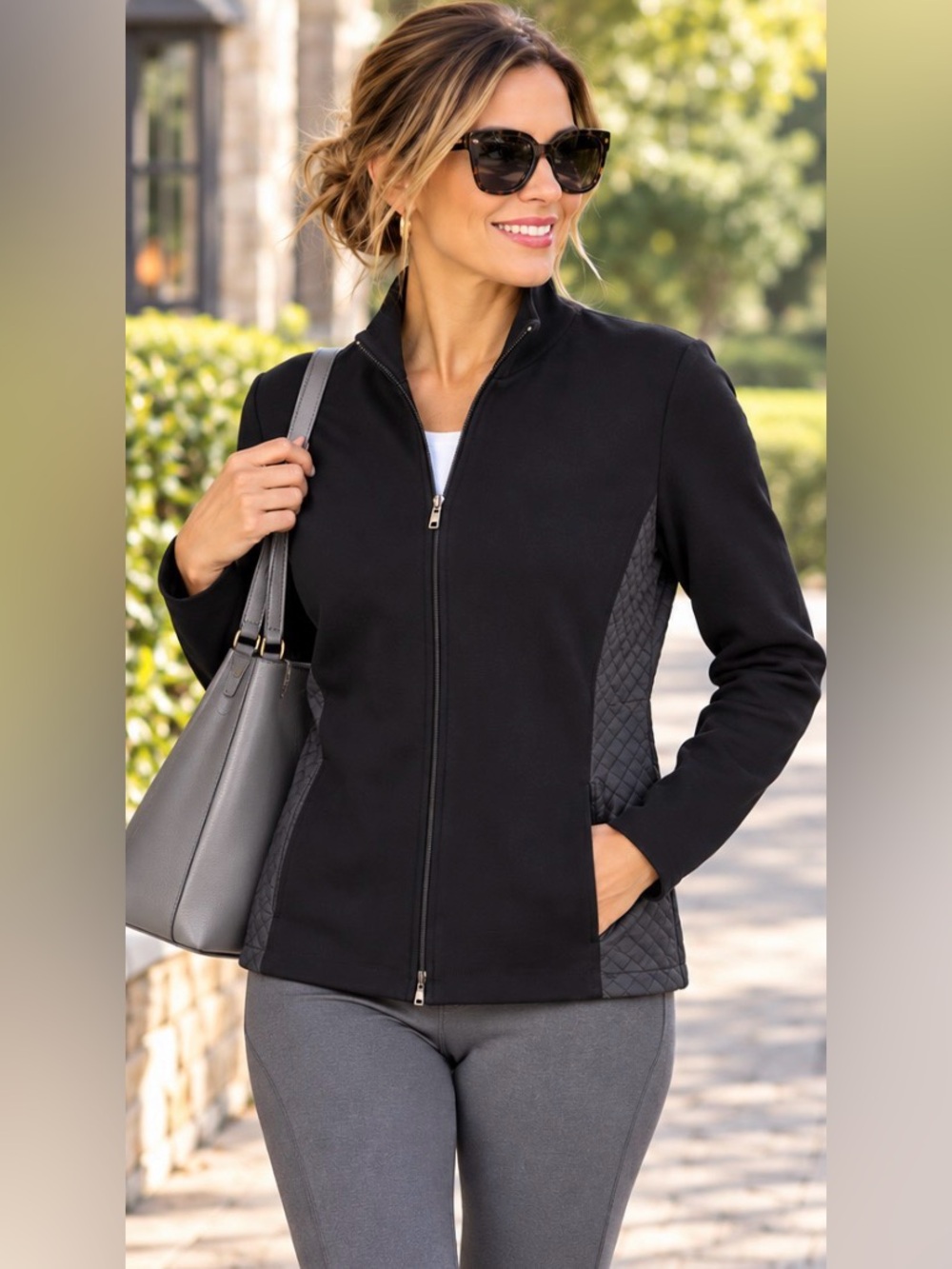 Talbots Petites Black Full Zip Jacket Quilted Panels Elbow Patches MP